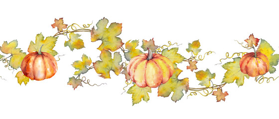 Naklejka na ściany i meble Seamless border with pumpkins and leaves. Watercolor illustration isolated on white background.