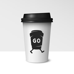 Coffee paper cup mockup. Coffee cup isolated on white background with Take Away logo. Vector realistic 3d illustration