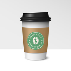Coffee paper cup. Energy Coffee logo, label. Coffee cup isolated on white background. Vector realistic 3d illustration