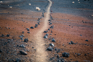 Fototapeta na wymiar hiking path, dirt trail or walkway in desert landscape - Teide National Park in Tenerife