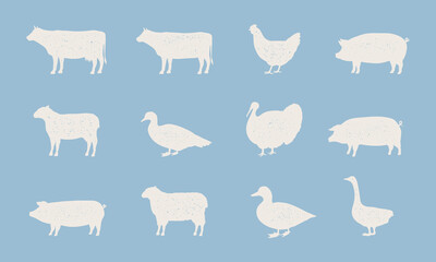 Farm Animals silhouettes set. Farm animals icons isolated on blue background. Cow, Hen, Pig, Sheep, Turkey. Vector illustration