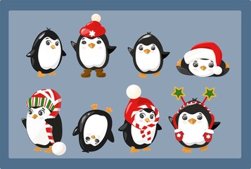 a set of cute penguins in Christmas hats. Cartoon. Print for printing on postcards clothes and websites
