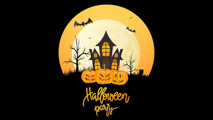 Happy Halloween handwritten calligraphy with Haunted Castle and Big Moon and bat at orange sky in Halloween , Flat Modern design , illustration Vector EPS 10