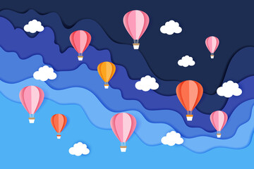 Vector travel origami paper cut background.Flying colorful balloons.
