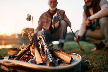 Close-up of father and son prepare fish over campfire while camping in nature.
