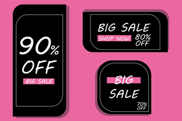 
Three black labels for sales, big sale 90%,80% and 70%