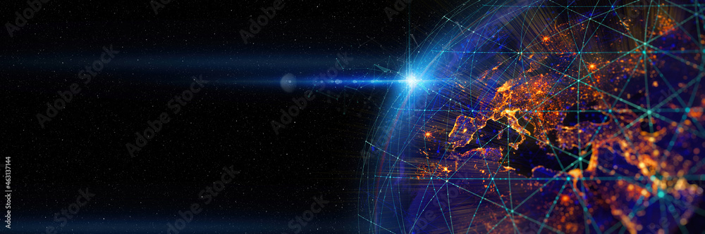 Aufkleber  Global world network and telecommunication on earth cryptocurrency and blockchain and IoT. Elements of this image furnished by NASA.blurred dept of field.