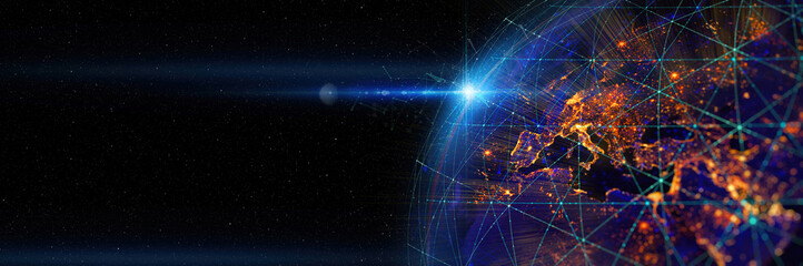  Global world network and telecommunication on earth cryptocurrency and blockchain and IoT. Elements of this image furnished by NASA.blurred dept of field.