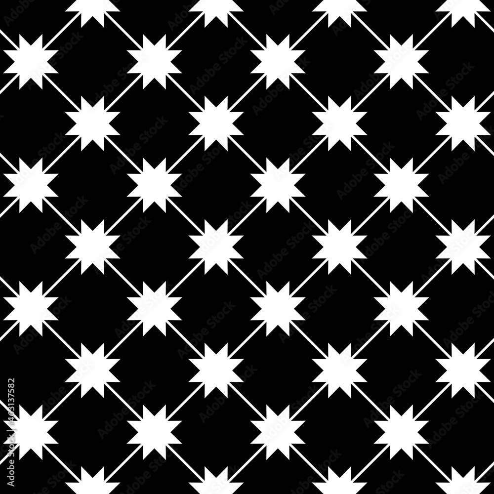 Poster eight rays stars connected with diagonal stripes. vector black background and white shapes.