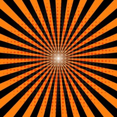 Orange and Black Sunburst Pattern Background. Rays. Sunburst background. Vector illustration. Orange and purple radial Halloween background. Halftone background.