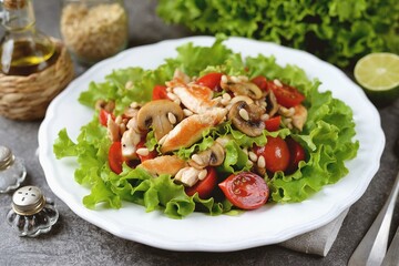 Salad with chicken breast, cherry tomatoes, mushrooms, lettuce and pine nuts.