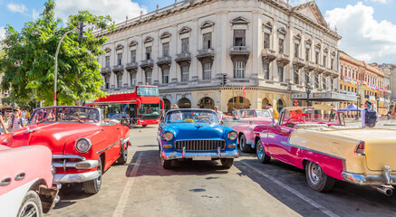 Old retro cars on the parking in the historic center of old Havana, Cuba