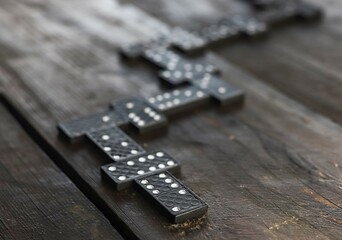 Domino pieces on wood table in order of game. Concept of way.