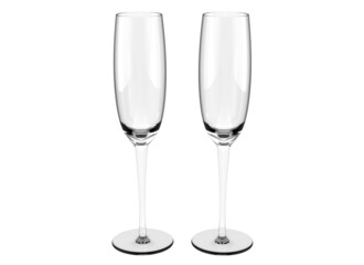 Toasting glasses. Two elegant champagne glasses. Pair of champagne glasses. Clink glasses. Toast cups. 3D illustration.