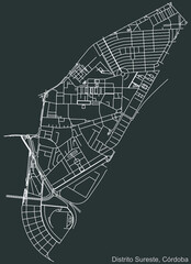 Detailed negative navigation urban street roads map on dark gray background of the quarter Sureste district of the Spanish regional capital city of Cordoba, Spain