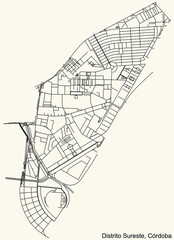 Detailed navigation urban street roads map on vintage beige background of the quarter Sureste district of the Spanish regional capital city of Cordoba, Spain