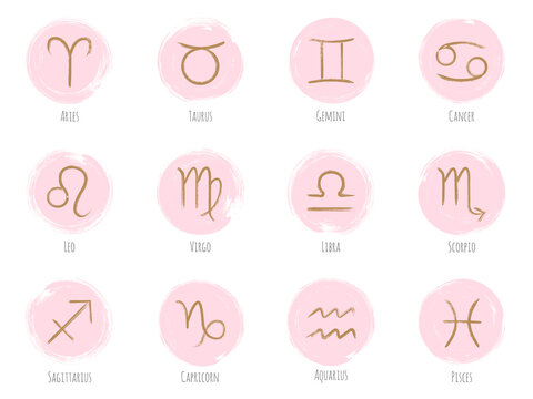 Pink gols zodiac symbols vector set, hand painted astrology signs. Aries, Taurus, Gemini, Cancer, Leo, Virgo, Libra, Scorpio, Sagittarius, Capricorn, Aquarius, Pisces icons isolated on white.