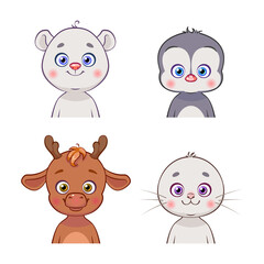 Winter characters: polar bear, penguin, reindeer, seal. Cute animal drawing.