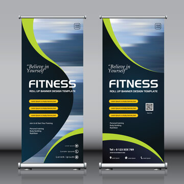Template of vertical roll-up banner with sports and gym theme concept with a photo