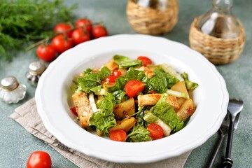 Grilled chicken breast salad with lettuce, Chinese cabbage, cherry tomatoes, olive oil and wine vinegar.