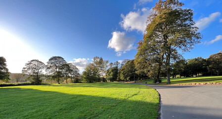 Soft late evening shadows, over parkland near, Kirkstall Abbey, Leeds, UK