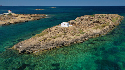 Aerial drone photo of small islet and chapel of Agios Ermolaos, Skyros island, Sporades, Greece
