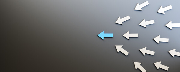 Leadership concept, blue leader arrow leading white arrows, on black background with empty copy space on left side. 3D Rendering © Vlad Chorniy