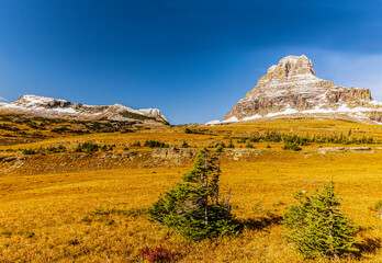 Snow Capped Reynolds Mountain and Hidden Lake Pass, Glacier National Park, Montana, USA