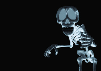 funny skeleton is afraid with copy space