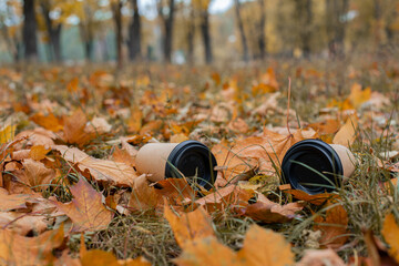 An empty paper coffee cup lies on the ground in the park. Environmental pollution