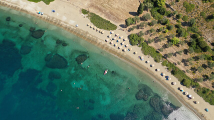 Aerial drone photo of paradise beach and bay of Pefkos in island of Skyros, Sporades, Greece