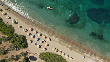 Aerial drone photo of paradise beach and bay of Pefkos in island of Skyros, Sporades, Greece