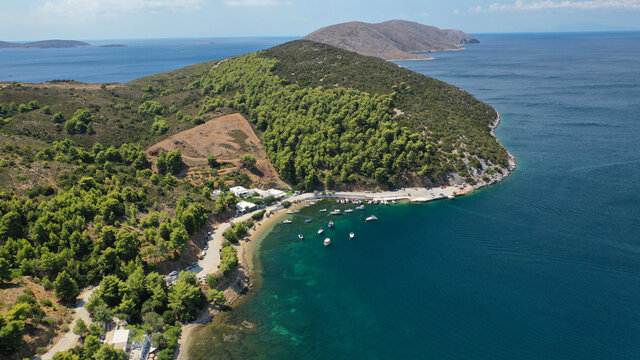 Aerial drone photo of paradise beach and bay of Pefkos in island of Skyros, Sporades, Greece