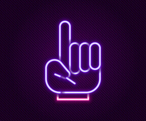 Glowing neon line Number 1 one fan hand glove with finger raised icon isolated on black background. Symbol of team support in competitions. Colorful outline concept. Vector