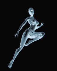 gynoid is the super fembot is doing a comic action pose in white background