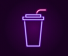 Glowing neon line Paper glass with drinking straw and water icon isolated on black background. Soda drink glass. Fresh cold beverage symbol. Colorful outline concept. Vector