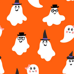 Halloween seamless vector repeat pattern with happy white ghosts wearing witch hats, glasses, accessories on bright orange background. Spaced out half drop funny Halloween character backdrop. Cute