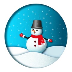 Concept of a snowman in cut-out paper effect style. Vector cartoon illustration.