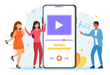 Online music app concept. Women and a man stand next to a large phone and listen to their favorite music through a special application. Cartoon flat vector illustration isolated on a white background