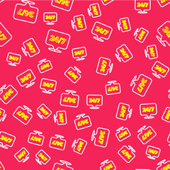 Line Clock 24 hours icon isolated seamless pattern on red background. All day cyclic icon. 24 hours service symbol. Vector