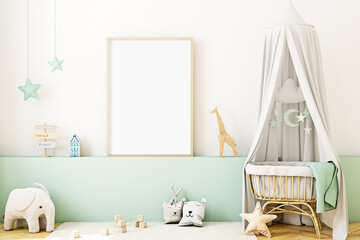 Nursery room mockup boho, green room, 3d rendering	
