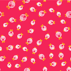 Line Yarn ball with knitting needles icon isolated seamless pattern on red background. Label for hand made, knitting or tailor shop. Vector