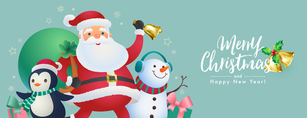 Merry Christmas background with Santa Claus and his companions and Christmas calligraphy. Vector flat illustration.