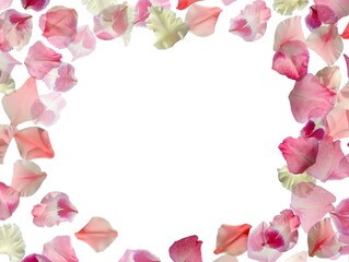 Frame made of  pink petals on white background. Flat lay, top view, place for text