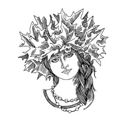 Young girl in wreath of maple leaves. Sketch. Engraving style. Vector illustration. 