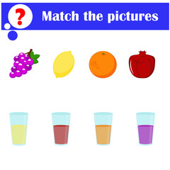 Educational math game for kids. Choose the right juice for each fruit