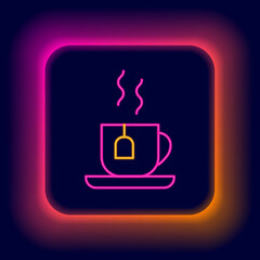 Glowing neon line Cup of tea with tea bag icon isolated on black background. Colorful outline concept. Vector
