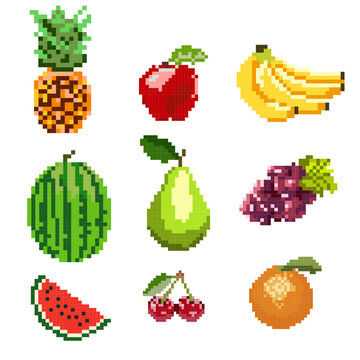 pixel art fruit and berries set: pineapple, apple, bananas, watermelon, pear, grape,cherry, orange
