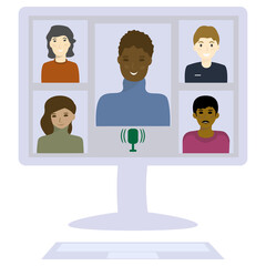 Business or education video conference. Online class of multi-ethnic people. Work and study at home concept. Front view. Vector illustration Isolated on white background