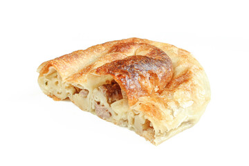 Sliced Burek,traditional bosnian or balkan dish isolated on white background.  Thin flaky dough filled with minced meat